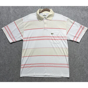 Lacoste Polo Shirt Mens XL White Pink Striped Short Sleeve Croc Logo Pocket